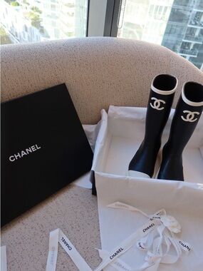 CHANEL Black and White CC Logo Rubber Rain Boots